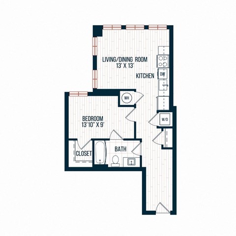 Floor plan for 1 bed, 1 bath, 663 sqft